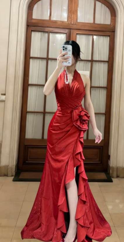 Classy Mermaid Halter Satin Ruffle Slit Long Prom Dress, Evening Dress