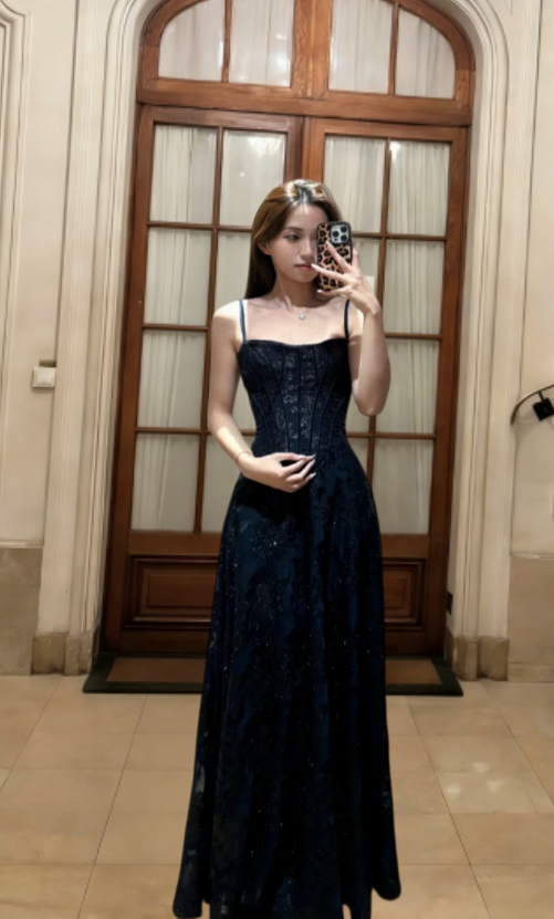 Chic A Line Spaghetti Straps Lace Long Prom Dress, Evening Dress