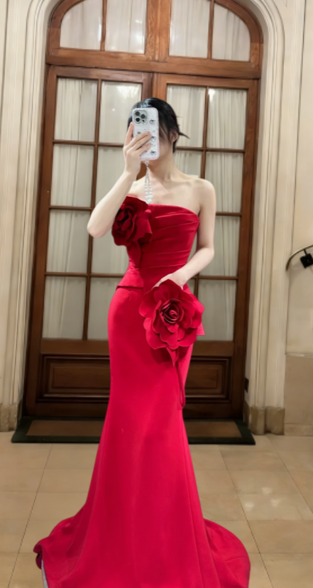 Unique Mermaid Strapless Satin Flowers Long Prom Dress, Evening Dress