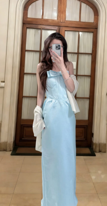 Pale Blue Mermaid Strapless Satin Long Prom Dress, Evening Dress