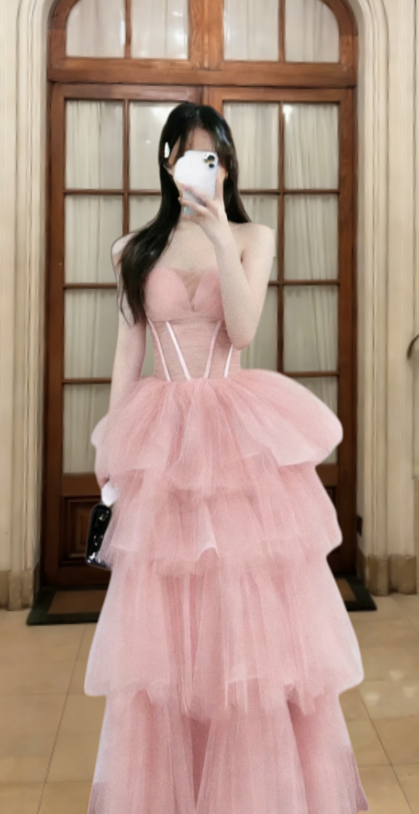 Princess A Line Strapless Tiered Tulle Long Prom Dress, Evening Dress