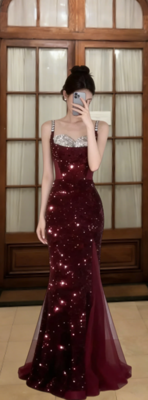Shiny Burgundy Mermaid Spaghetti Straps Tulle Sequin Long Prom Dress, Evening Dress