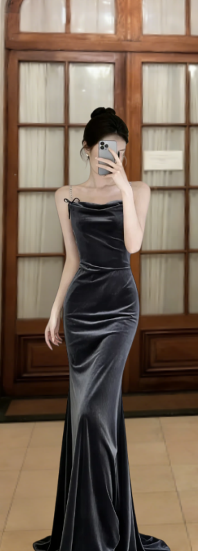 Elegant Mermaid Spaghetti Straps Velvet Long Prom Dress, Evening Dress
