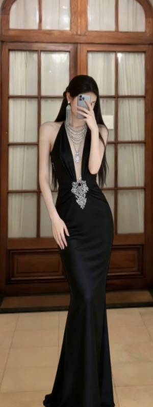 Charming Mermaid Halter Black Satin Long Prom Dress, Evening Dress