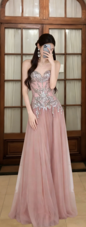 Pretty A Line Strapless Tulle Sequin Long Prom Dress, Evening Dress