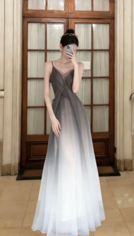 Gradient A Line Spaghetti Straps Tulle Long Prom Dress, Evening Dress