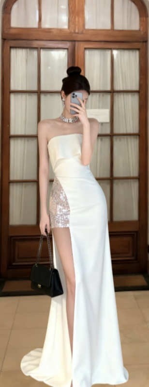 Pretty Mermaid Strapless Satin Sequin Slit Long Prom Dress, Evening Dress