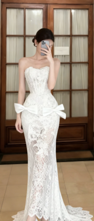 Elegant Mermaid Strapless Lace Long Prom Dress, Evening Dress