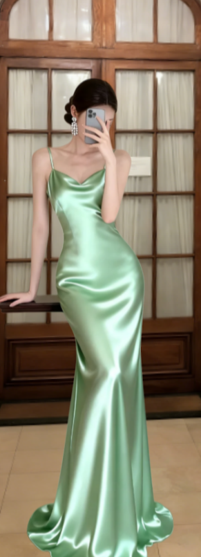 Elegant Mermaid Spaghetti Straps Satin Long Prom Dress, Evening Dress
