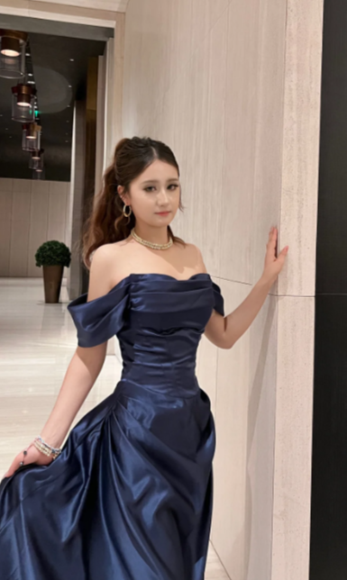 Elegant A Line Off The Shoulder Navy Blue Satin Long Prom Dress, Evening Dress