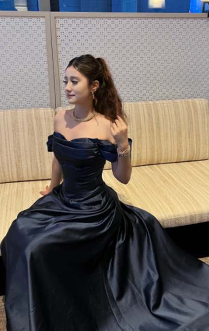 Elegant A Line Off The Shoulder Navy Blue Satin Long Prom Dress, Evening Dress