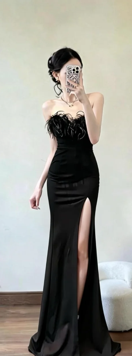 Elegant Black Mermaid Strapless Satin Long Prom Dress, Evening Dress