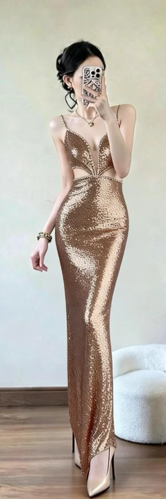 Sexy Mermaid Spaghetti Straps Satin Sequin Long Prom Dress, Evening Dress