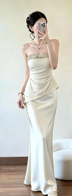Elegant Mermaid Strapless Satin Sequin Long Prom Dress, Evening Dress