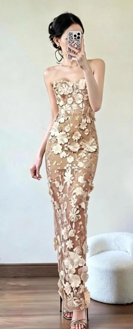Gorgeous Mermaid Strapless Satin Applique Long Prom Dress, Evening Dress