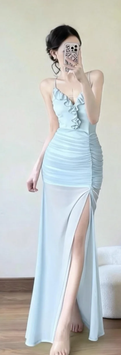 Charming Mermaid Light Blue Spaghetti Straps Ruffle Chiffon Slit Long Prom Dress, Evening Dress