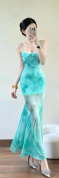 Classy Mermaid Spaghetti Straps Chiffon Long Prom Dress, Evening Dress