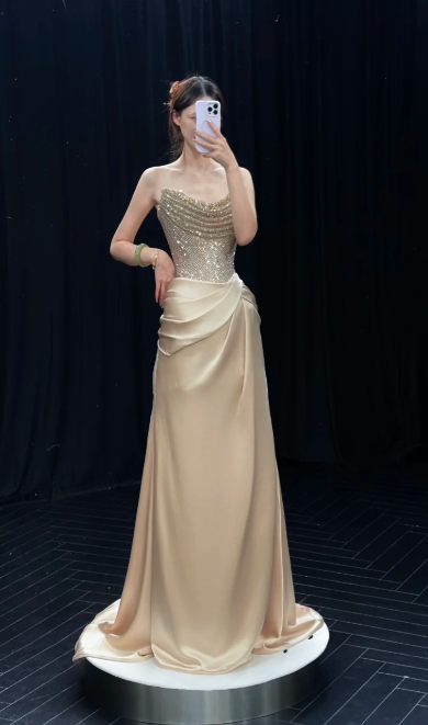 Gorgeous A Line Strapless Satin Sequin Long Prom Dress, Evening Dress