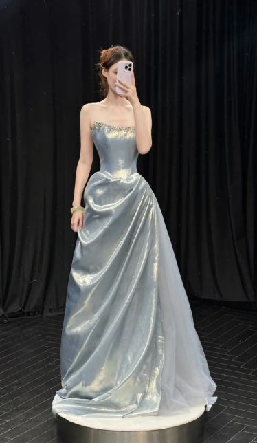 Silver A Line Strapless Satin Tulle Long Prom Dress, Evening Dress