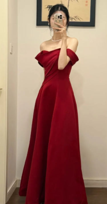 Elegant A Line Burgundy Off The Shoulder Satin Long Prom Dress, Evening Dress