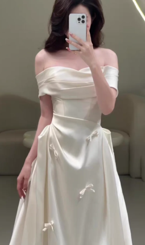 Elegant A Line Off The Shoulder SatinWith Bow Long Prom Dress, Evening Dress