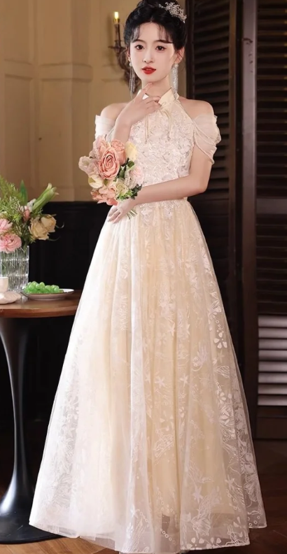 Pretty A Line Halter Tulle Lace Long Prom Dress, Evening Dress