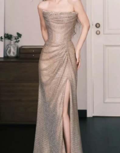 Pretty Mermaid Strapless Tulle Slit Long Prom Dress, Evening Dress