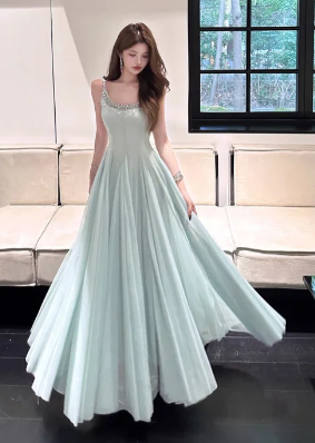 Pretty A Line Spaghetti Straps Chiffon Satin Long Prom Dress, Evening Dress