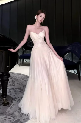 Pretty A Line Strapless Tulle Long Prom Dress, Evening Dress