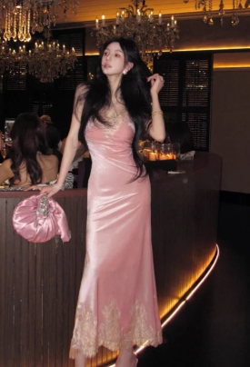 Chic Mermaid Spaghetti Straps Pink Satin Lace Long Prom Dress, Evening Dress