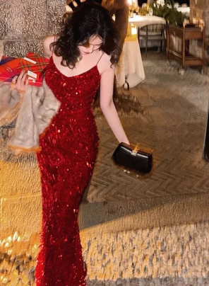 Sparkly Burgundy Mermaid Spaghetti Straps Sequin Long Prom Dress, Evening Dress