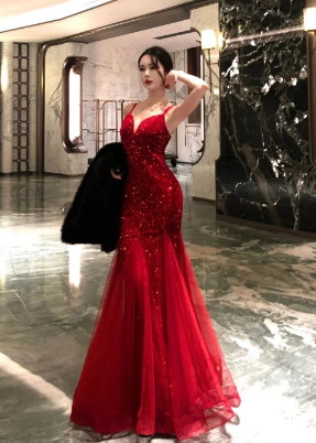 Sparkly Burgundy Mermaid Spaghetti Straps Tulle Sequin Long Prom Dress, Evening Dress