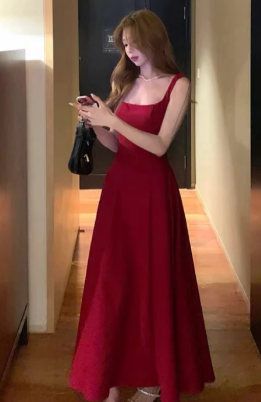 Formal A Line Square Burgundy Satin Long Prom Dress, Evening Dress