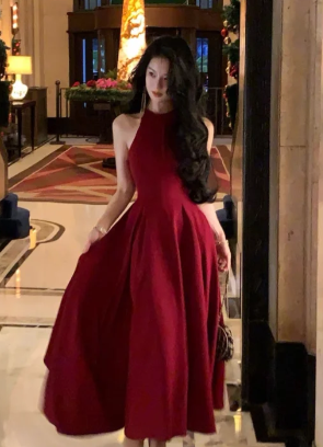 Formal A Line Halter Burgundy Satin Long Prom Dress, Evening Dress