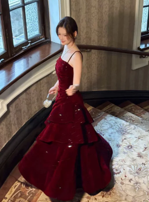 Formal A Line Spaghetti Straps Burgundy Satin Sequin Long Prom Dress, Evening Dress
