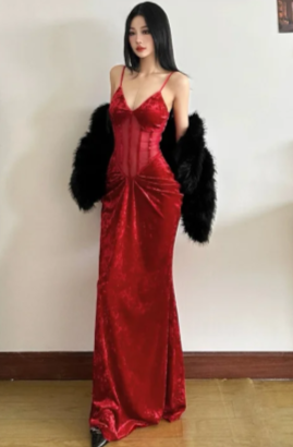 Formal Mermaid Spaghetti Straps Burgundy Velvet Long Prom Dress, Evening Dress