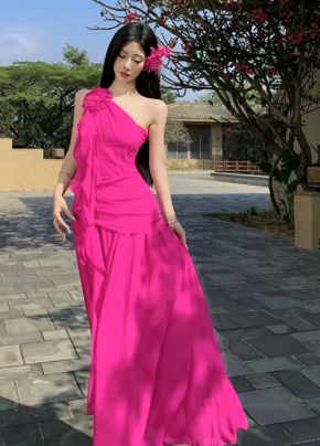 Formal Mermaid Hot Pink One Shoulder Chiffon Long Prom Dress, Evening Dress
