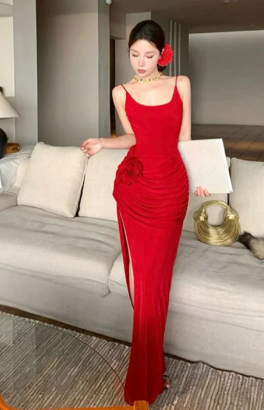 Red Mermaid Spaghetti Straps Satin Slit Long Prom Dress, Evening Dress