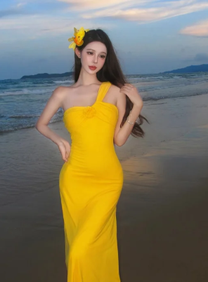 Yellow Mermaid One Shoulder Satin Long Prom Dress, Evening Dress