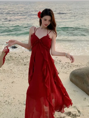 Elegant Burgundy Spaghetti Straps A Line Chiffon Long Prom Dress, Evening Dress
