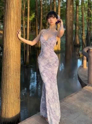 Unique Mermaid Halter Satin Lace Long Prom Dress, Evening Dress