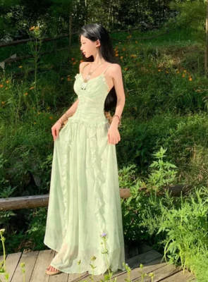 Elegant A Line Spaghetti Straps Ruffle Chiffon Long Prom Dress, Evening Dress