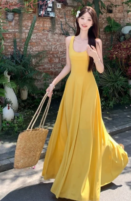 Unique A Line Pastel Yellow U Neck Satin Long Prom Dress, Evening Dress