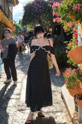 Pretty A Line Off The Shoulder Polka Dots Satin Long Prom Dress, Evening Dress