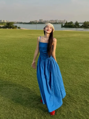 Blue Pretty A Line Spaghetti Straps Satin Long Prom Dress, Evening Dress