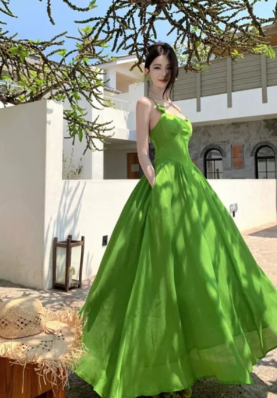 Vintage Green A Line Spaghetti Straps Satin Long Prom Dress, Evening Dress
