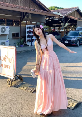 Pink A Line Spaghetti Straps Satin Long Prom Dress, Evening Dress