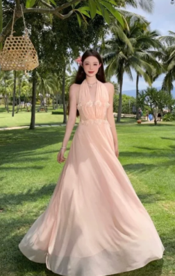 Soft Pink A Line Halter Chiffon Long Prom Dress, Evening Dress