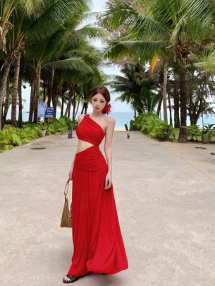 Classy Red A Line One Shoulder Chiffon Long Prom Dress, Evening Dress