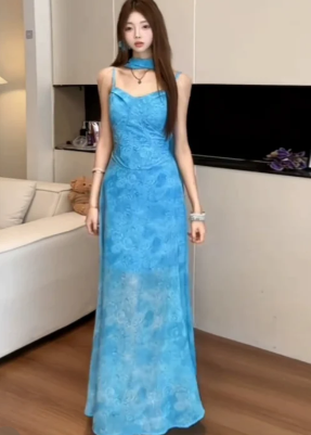Charming A Line Spaghetti Straps Printed Satin Chiffon Long Prom Dress, Evening Dress